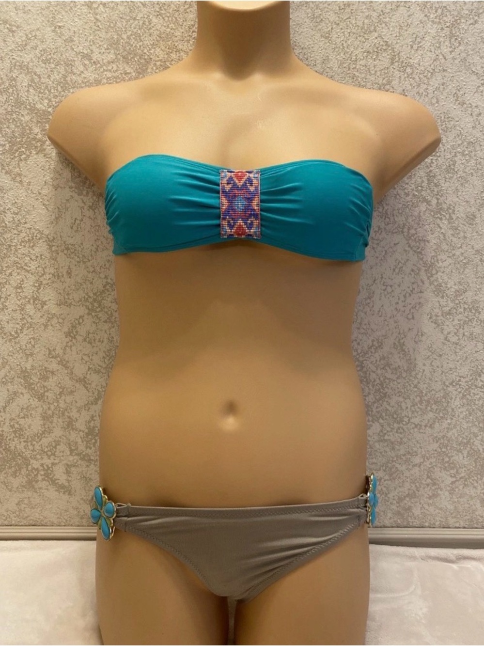 Bandeau Bikini with Taupe Bottoms and Beaded Accent
